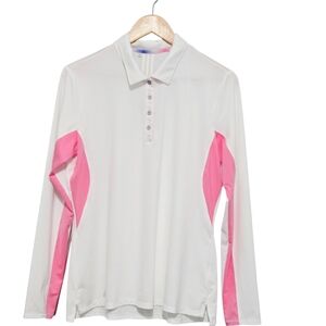 Adidas Women's Activewear White and Pink Long Sleeve Polo Shirt Medium